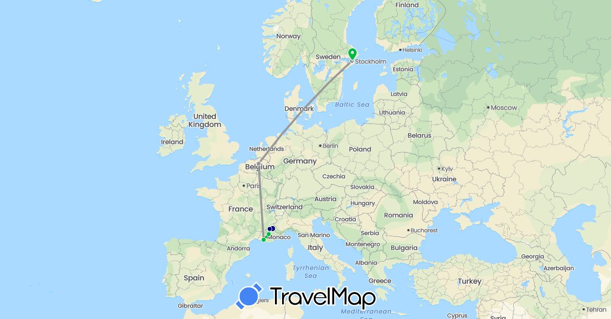 TravelMap itinerary: driving, bus, plane in Belgium, France, Sweden (Europe)