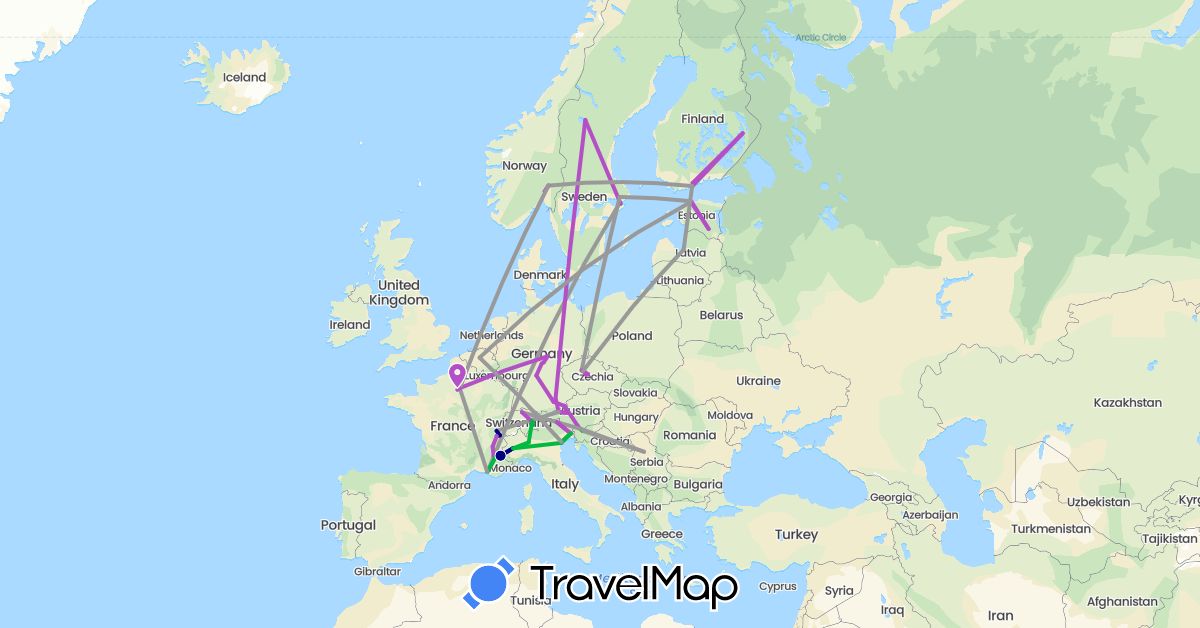 TravelMap itinerary: driving, bus, plane, train in Austria, Belgium, Switzerland, Czech Republic, Germany, Estonia, Finland, France, Italy, Latvia, Norway, Serbia, Sweden, Slovenia (Europe)